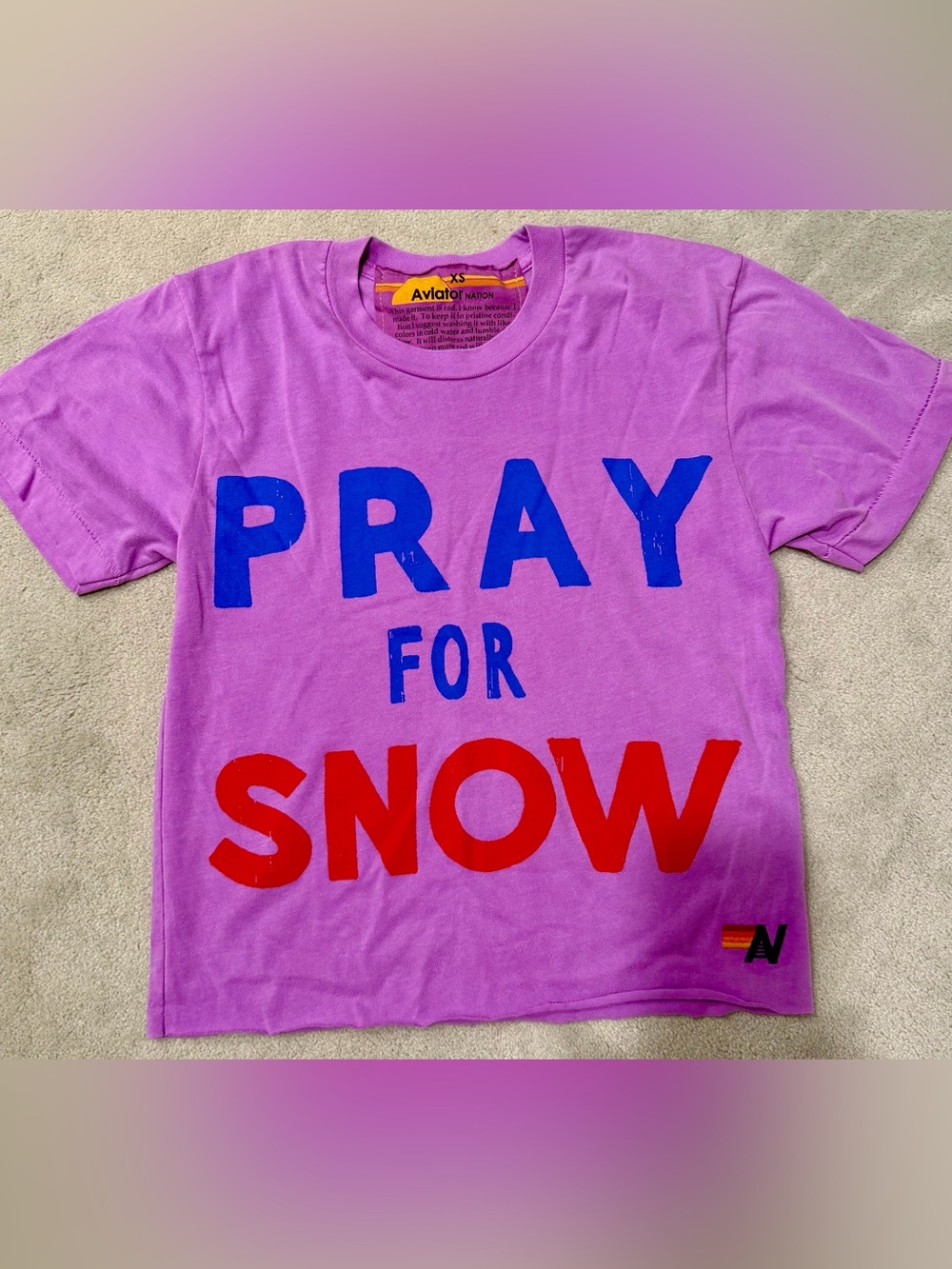 Aviator Nation Purple 'Pray for Snow' Graphic Tee with Blue & Red Print
